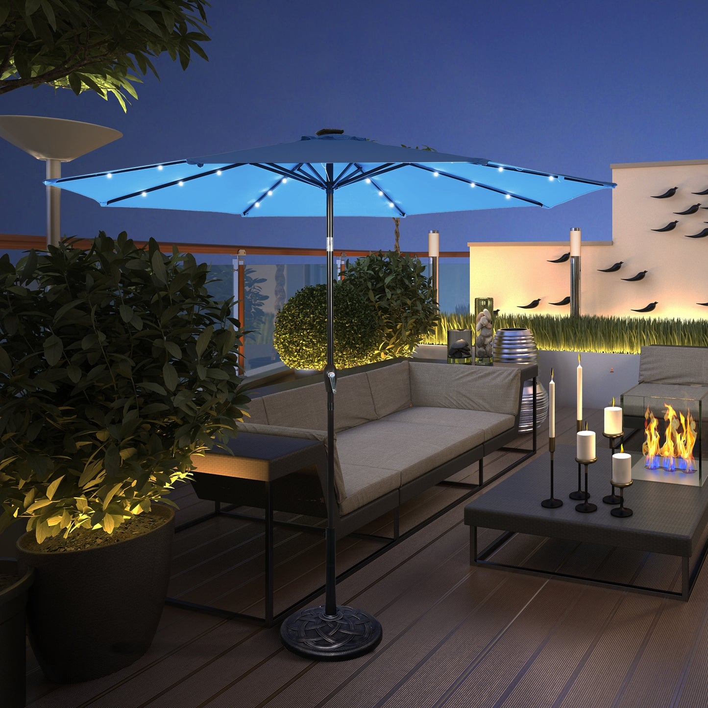 10' Solar LED Lighted Patio Market Umbrella Shade Tilt Adjustment Crank-Blue Kids Crystal
