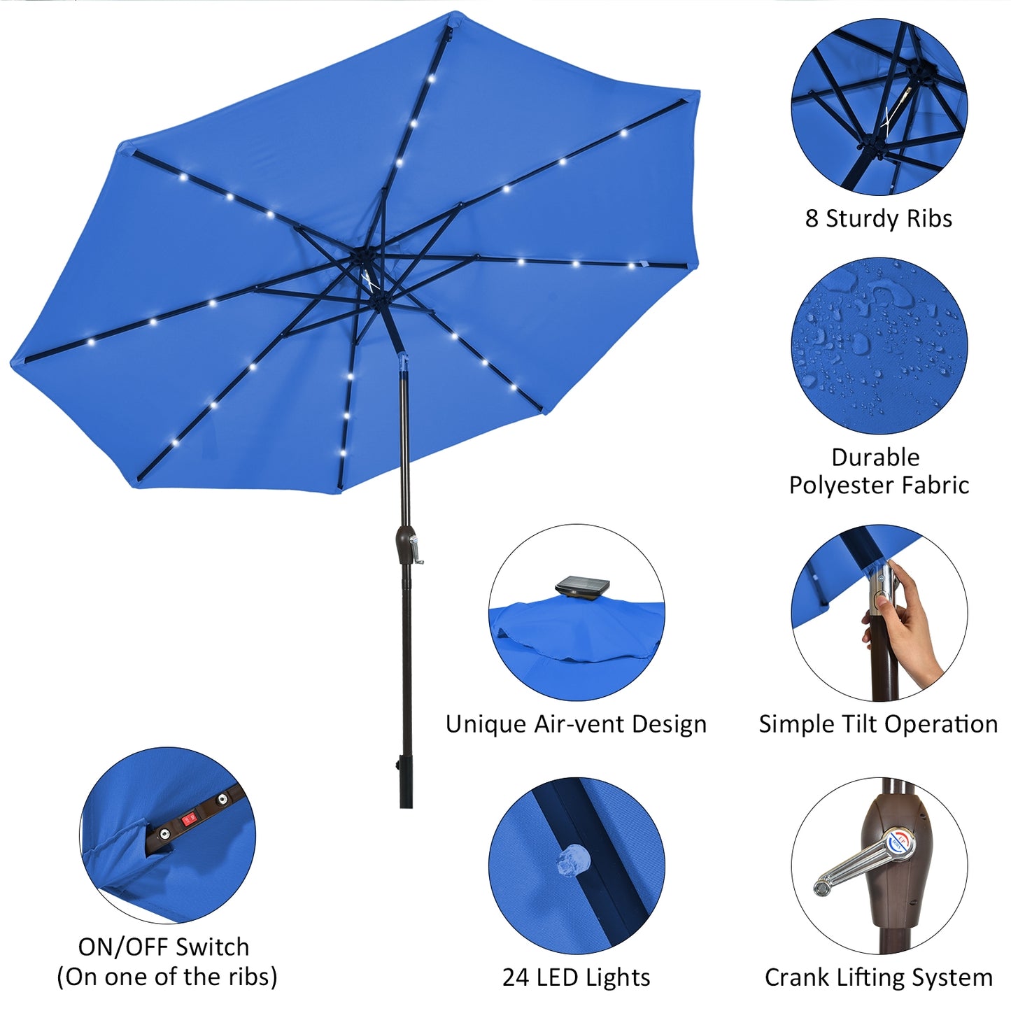 10' Solar LED Lighted Patio Market Umbrella Shade Tilt Adjustment Crank-Blue Kids Crystal