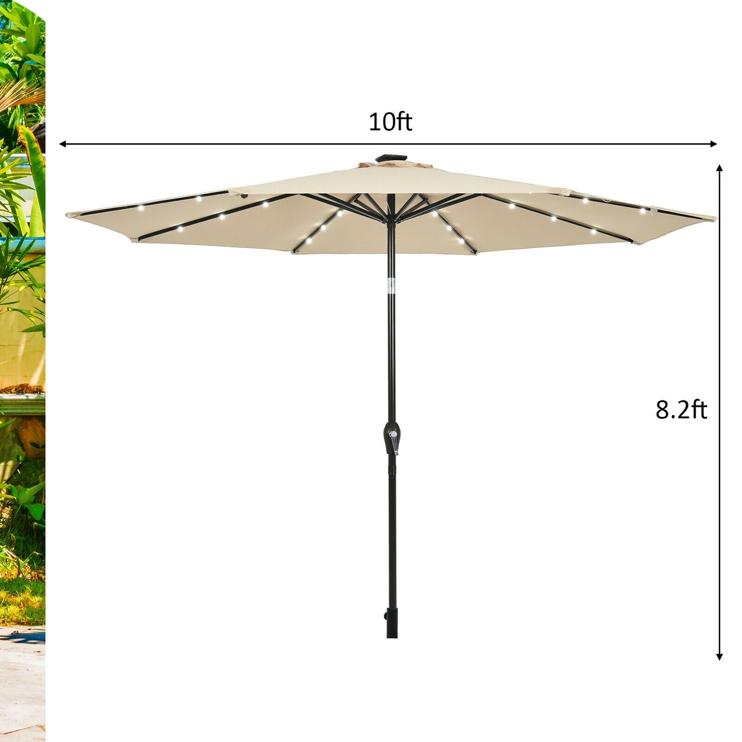 10' Solar LED Lighted Patio Market Umbrella Shade Tilt Adjustment Crank-Beige Kids Crystal
