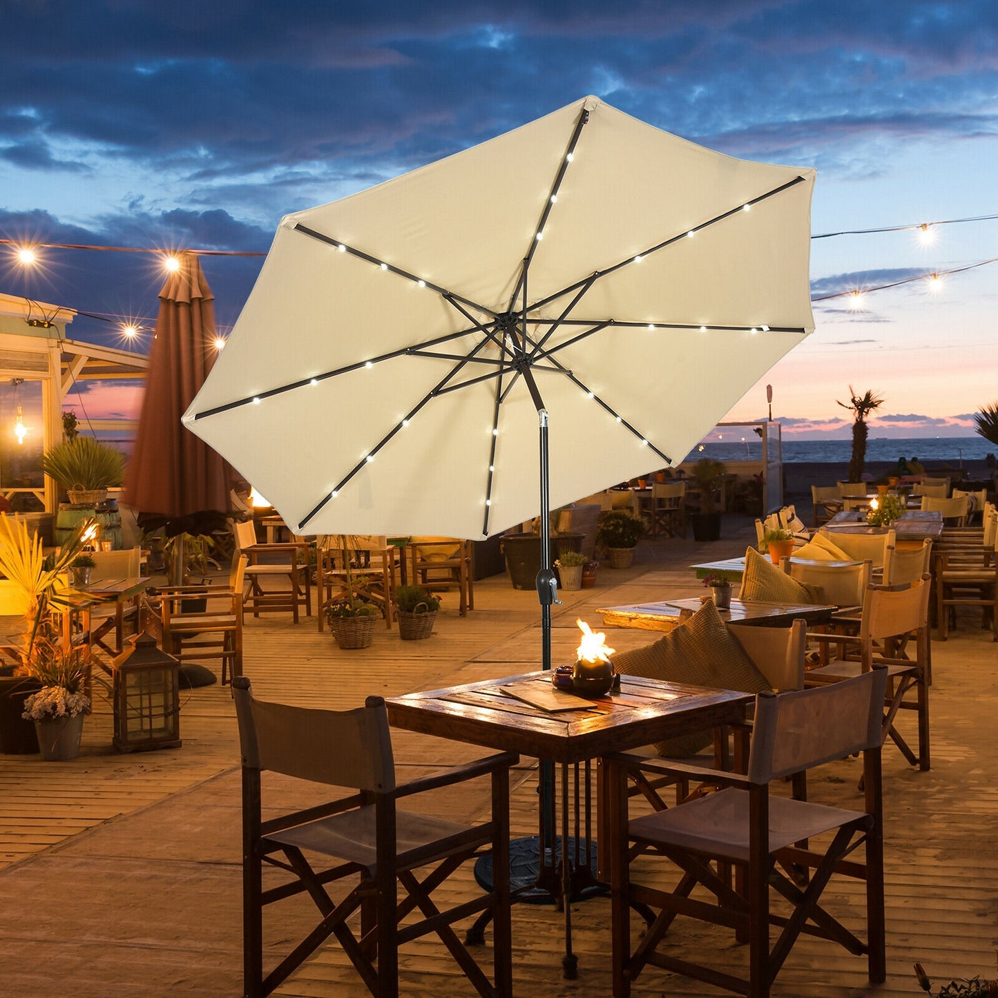 10' Solar LED Lighted Patio Market Umbrella Shade Tilt Adjustment Crank-Beige Kids Crystal