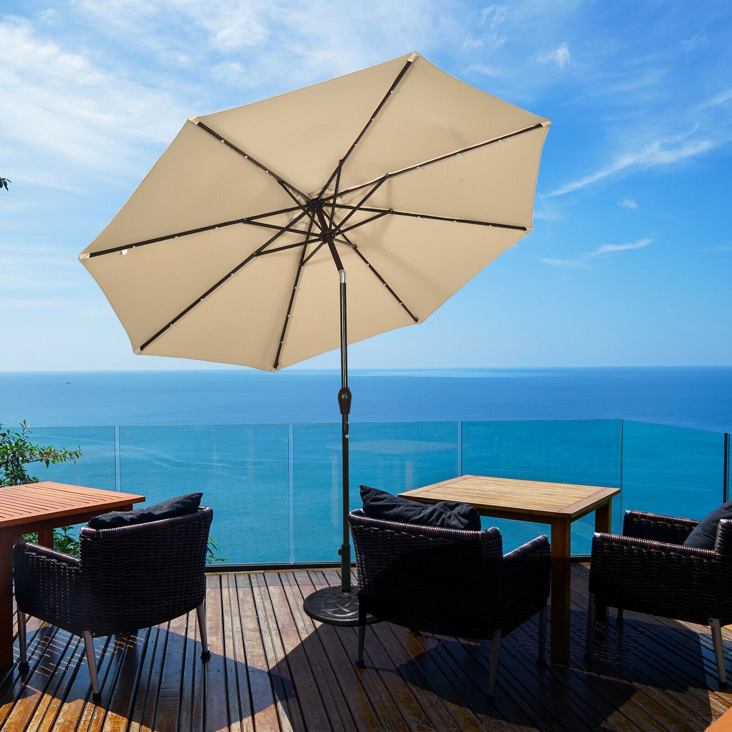 10' Solar LED Lighted Patio Market Umbrella Shade Tilt Adjustment Crank-Beige Kids Crystal