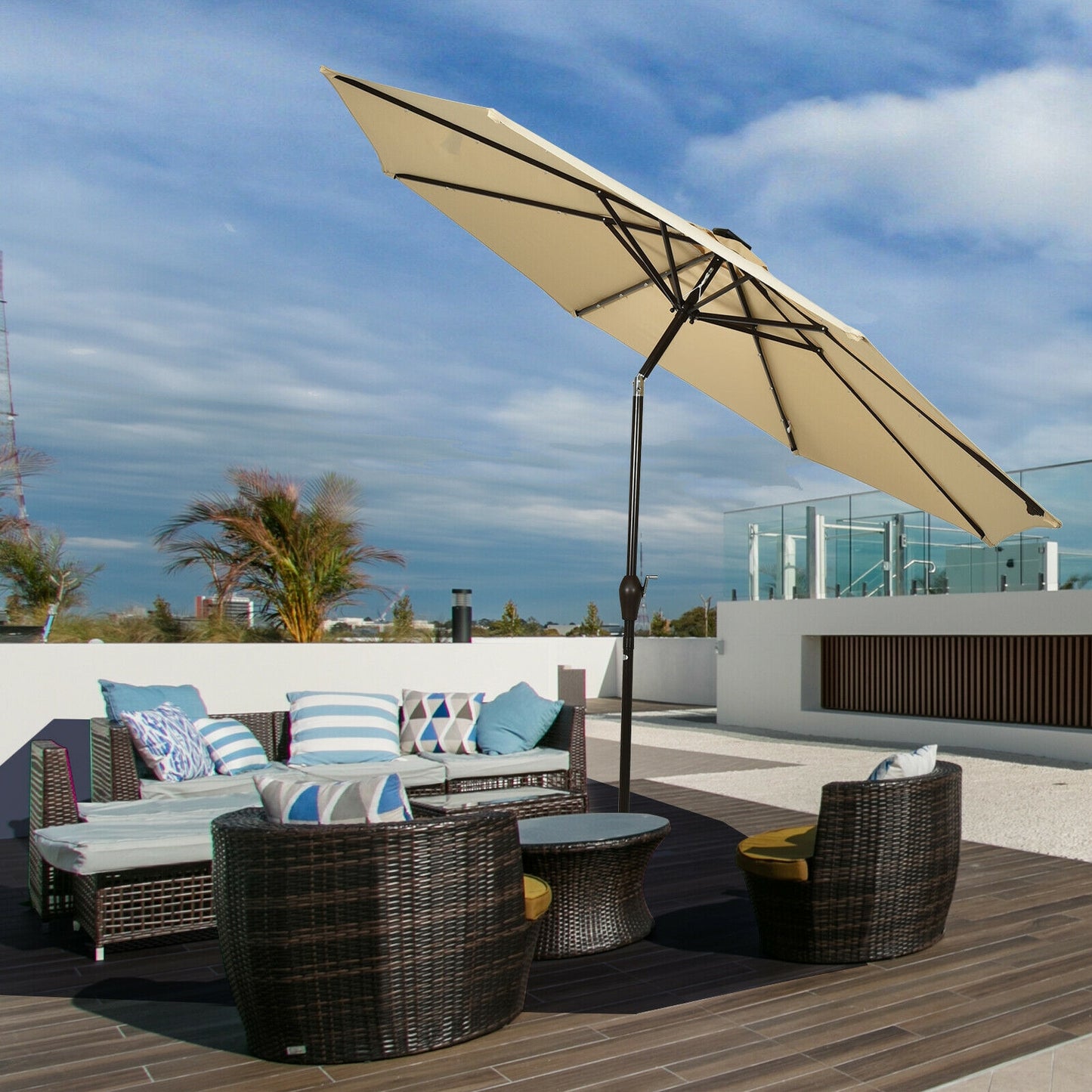 10' Solar LED Lighted Patio Market Umbrella Shade Tilt Adjustment Crank-Beige Kids Crystal