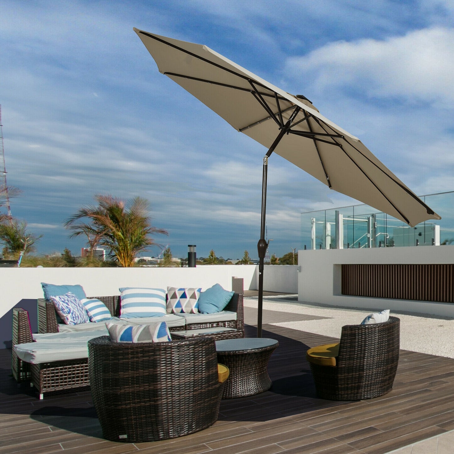 10' Solar LED Lighted Patio Market Umbrella Shade Tilt Adjustment Crank-Tan Kids Crystal