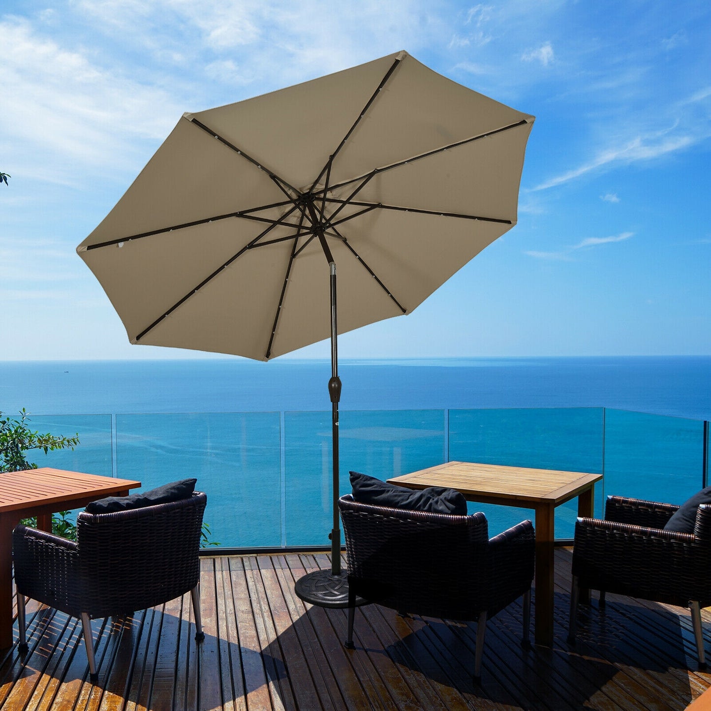 10' Solar LED Lighted Patio Market Umbrella Shade Tilt Adjustment Crank-Tan Kids Crystal