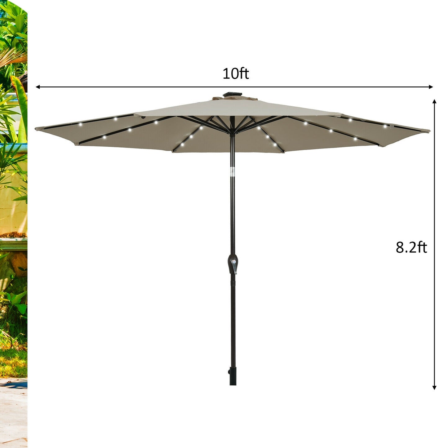 10' Solar LED Lighted Patio Market Umbrella Shade Tilt Adjustment Crank-Tan Kids Crystal