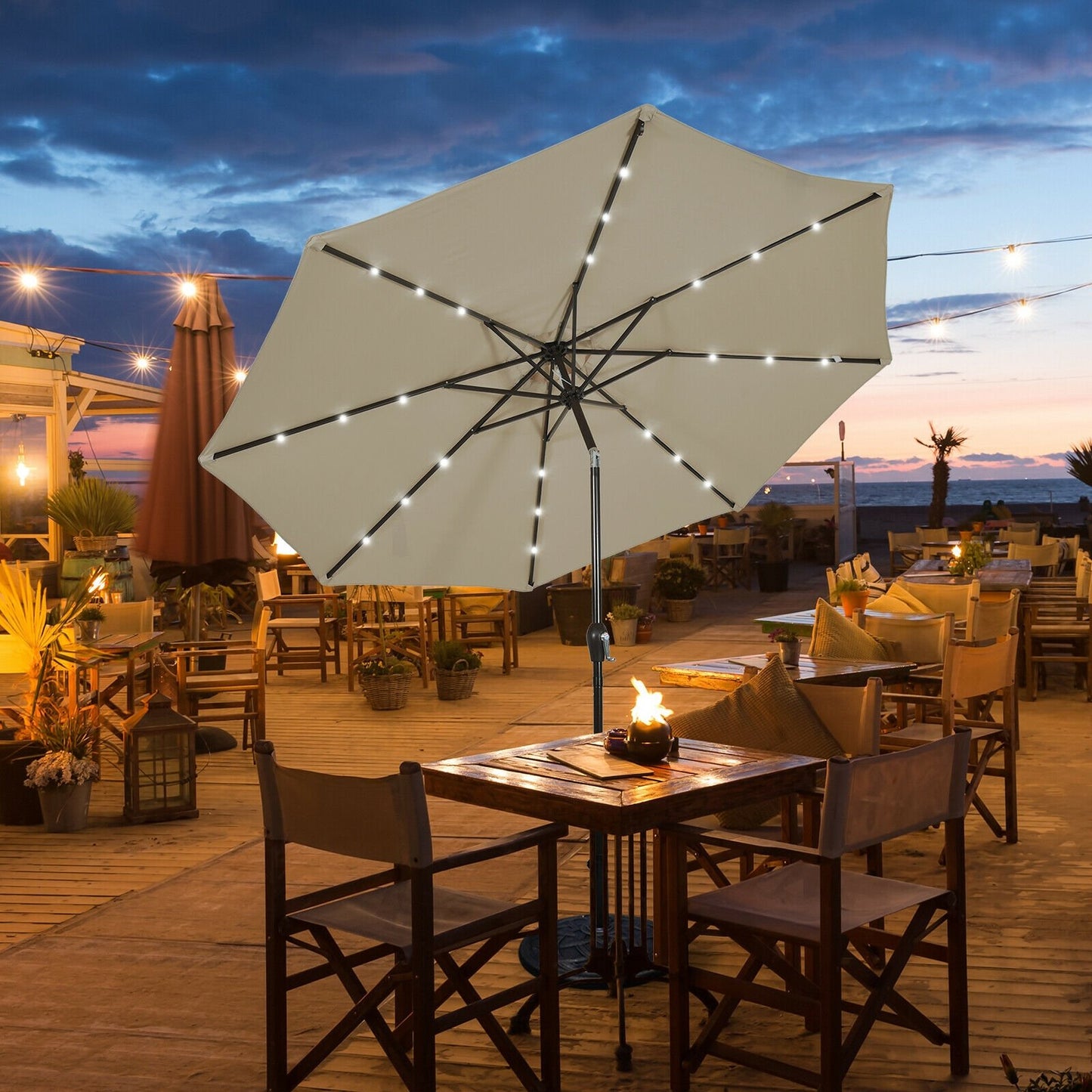 10' Solar LED Lighted Patio Market Umbrella Shade Tilt Adjustment Crank-Tan Kids Crystal