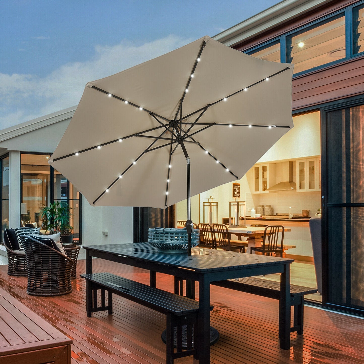 10' Solar LED Lighted Patio Market Umbrella Shade Tilt Adjustment Crank-Tan Kids Crystal