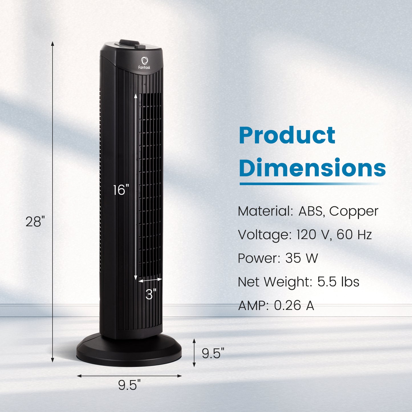 Fantask 35W 28 Inch Quiet Bladeless Oscillating Tower Fan-Black Kids Crystal