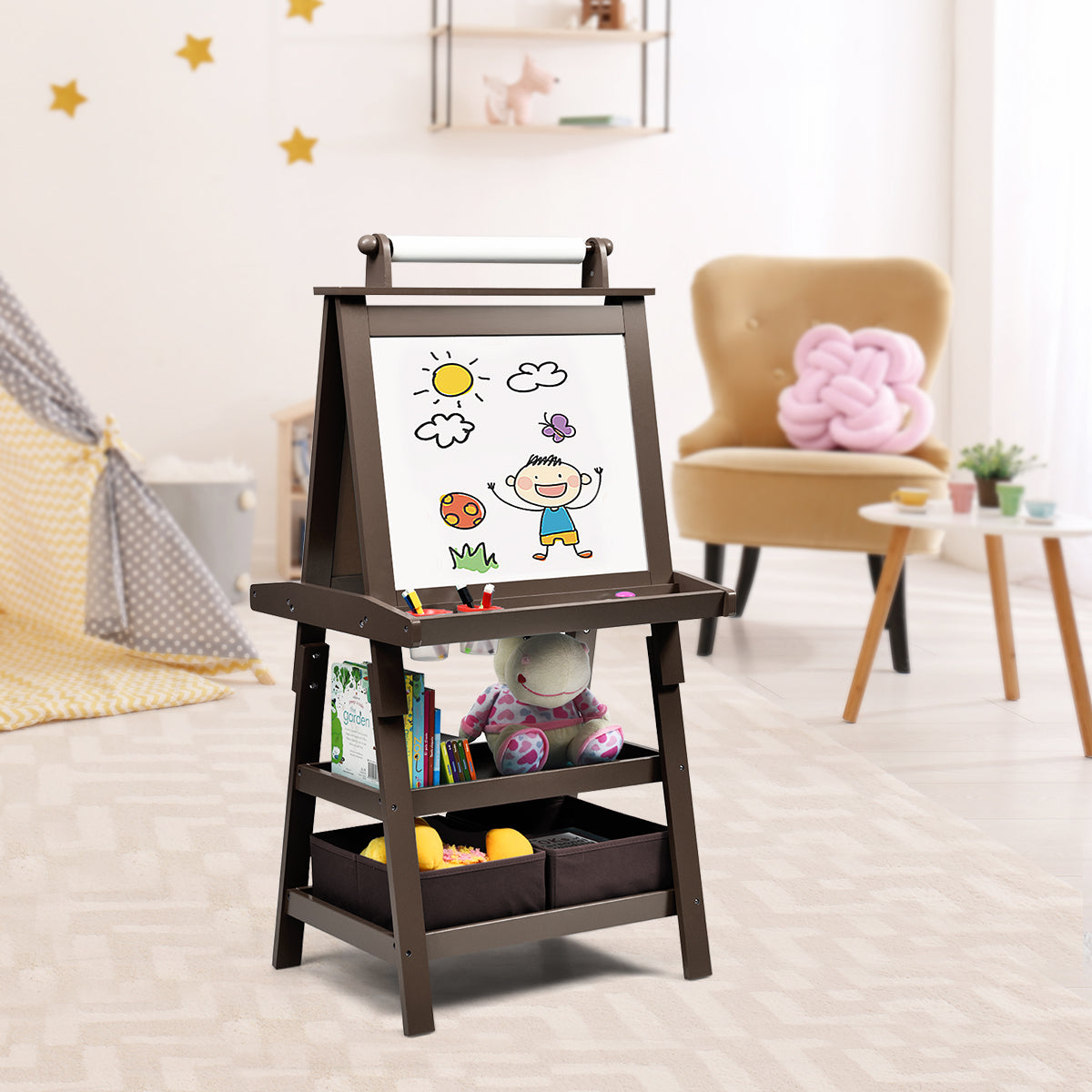 3 in 1 Double-Sided Storage Art Easel-Brown Kids Crystal
