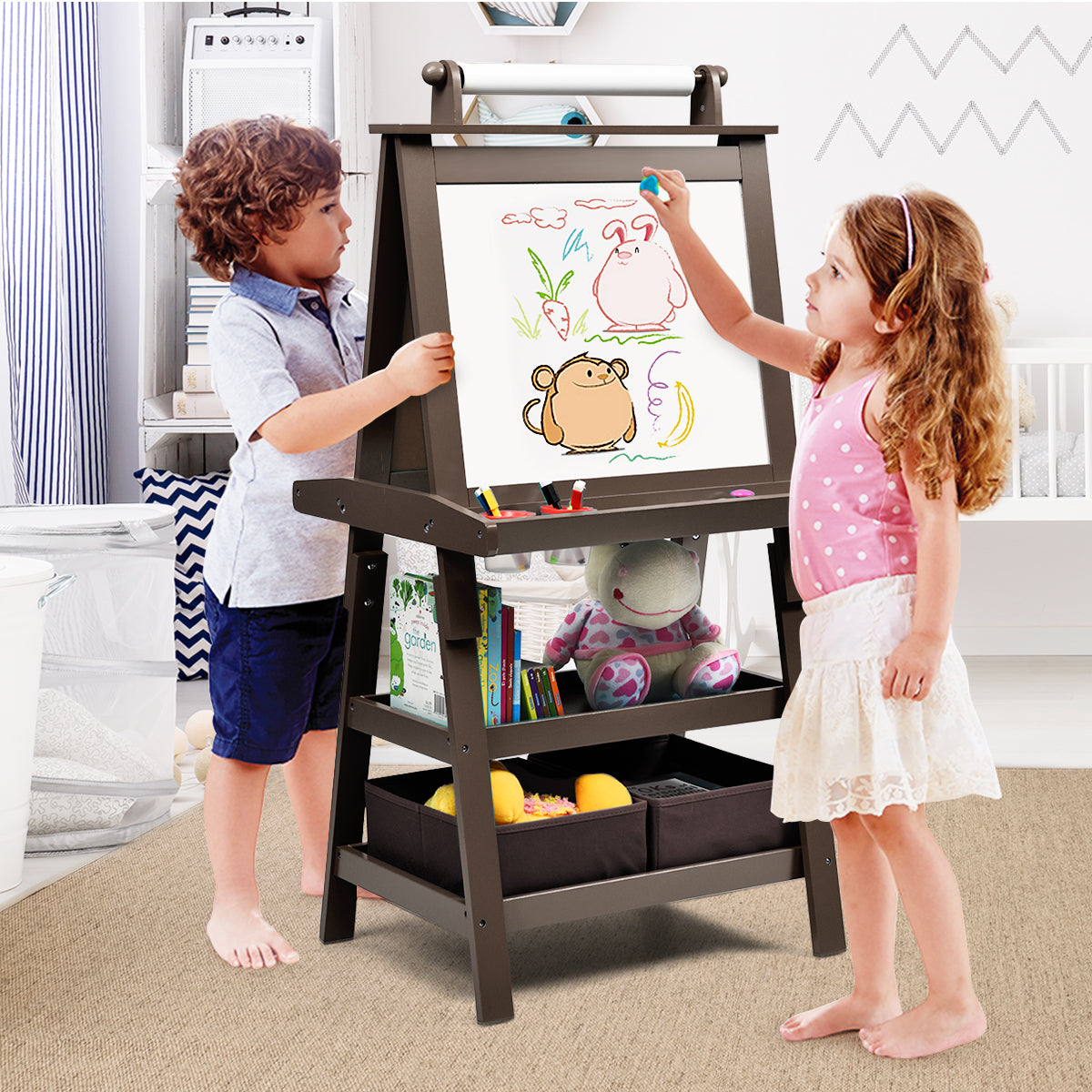 3 in 1 Double-Sided Storage Art Easel-Brown Kids Crystal