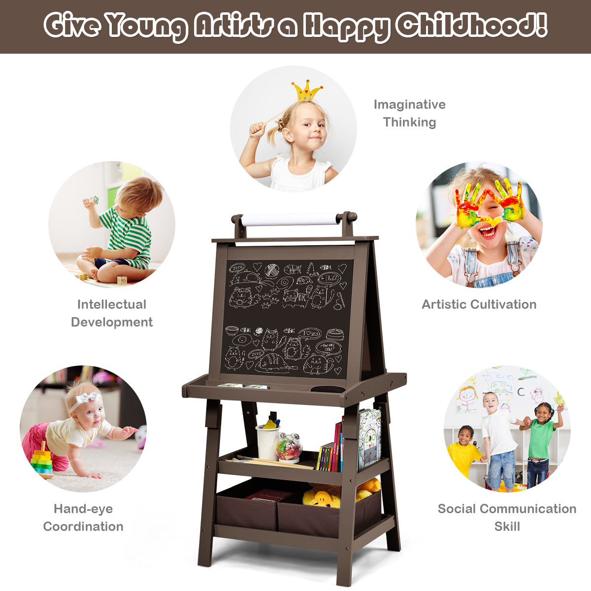 3 in 1 Double-Sided Storage Art Easel-Brown Kids Crystal