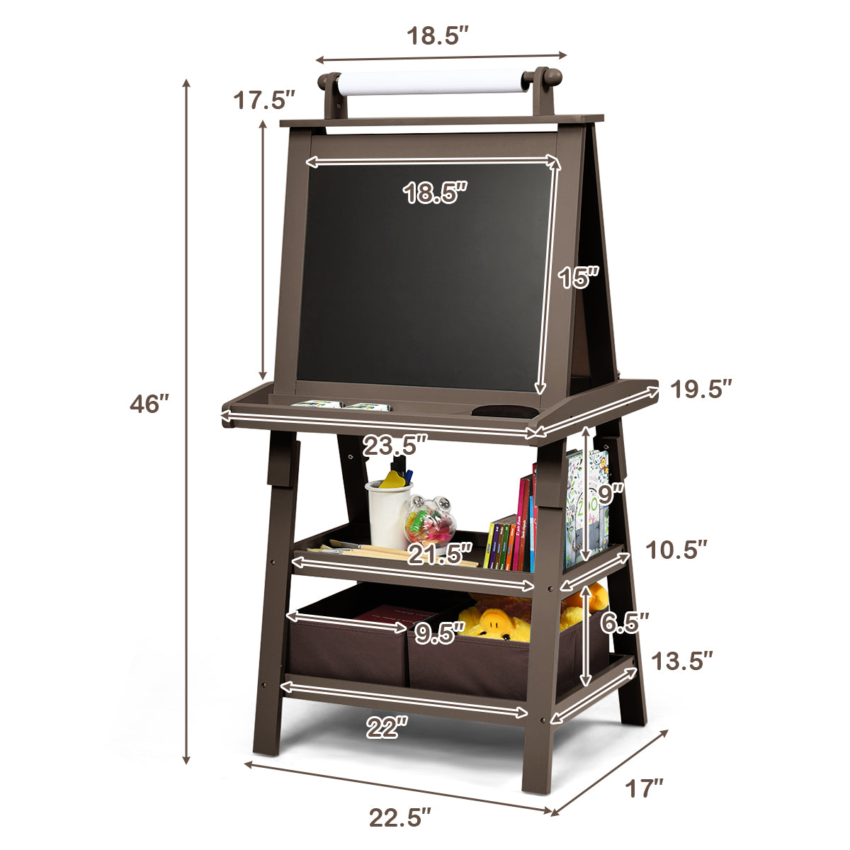 3 in 1 Double-Sided Storage Art Easel-Brown Kids Crystal
