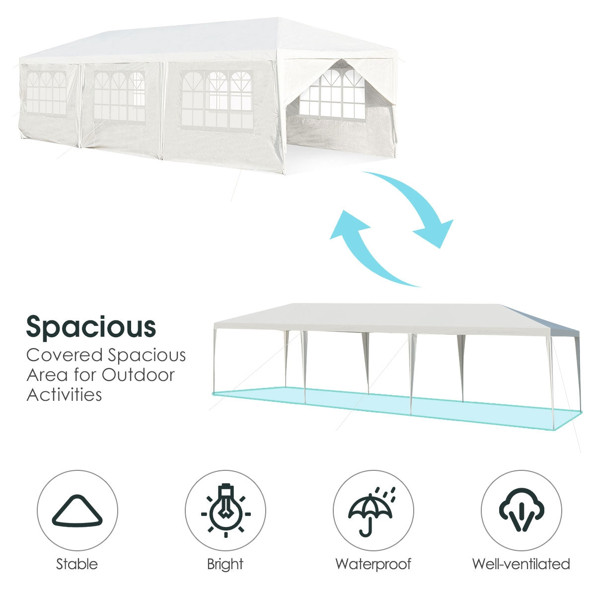 10 x 30 Feet Outdoor Canopy Tent with 6 Removable Sidewalls and 2 Doorways-White Kids Crystal