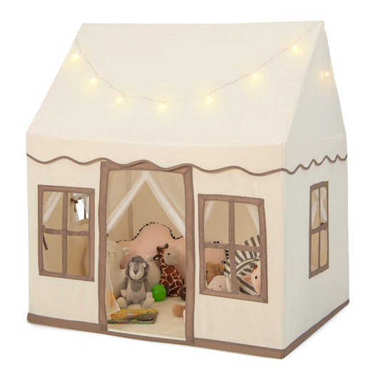 Toddler Large Playhouse with Star String Lights-Brown Kids Crystal