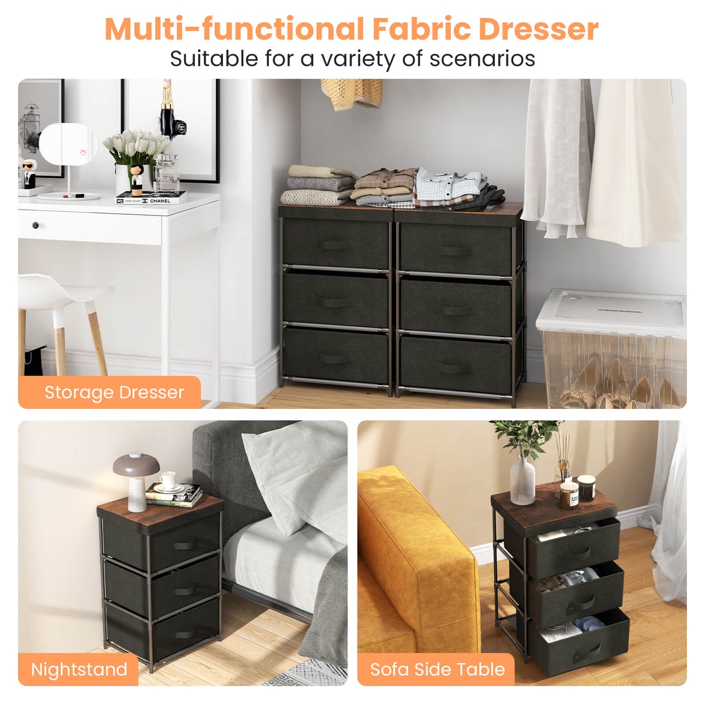 3-Tier Fabric Nightstand with Sturdy Metal Frame-Black Kids Crystal