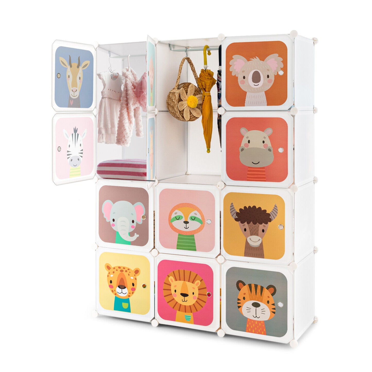 12 Cube Kids Wardrobe Closet with Hanging Section and Doors-White Kids Crystal