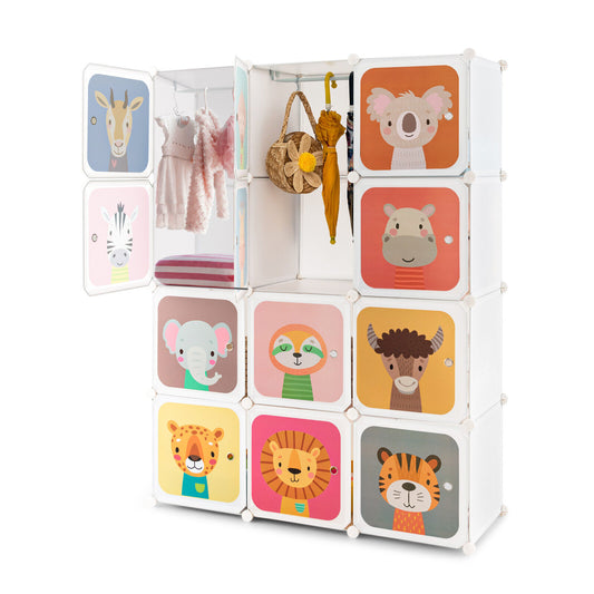 12 Cube Kids Wardrobe Closet with Hanging Section and Doors-White Kids Crystal