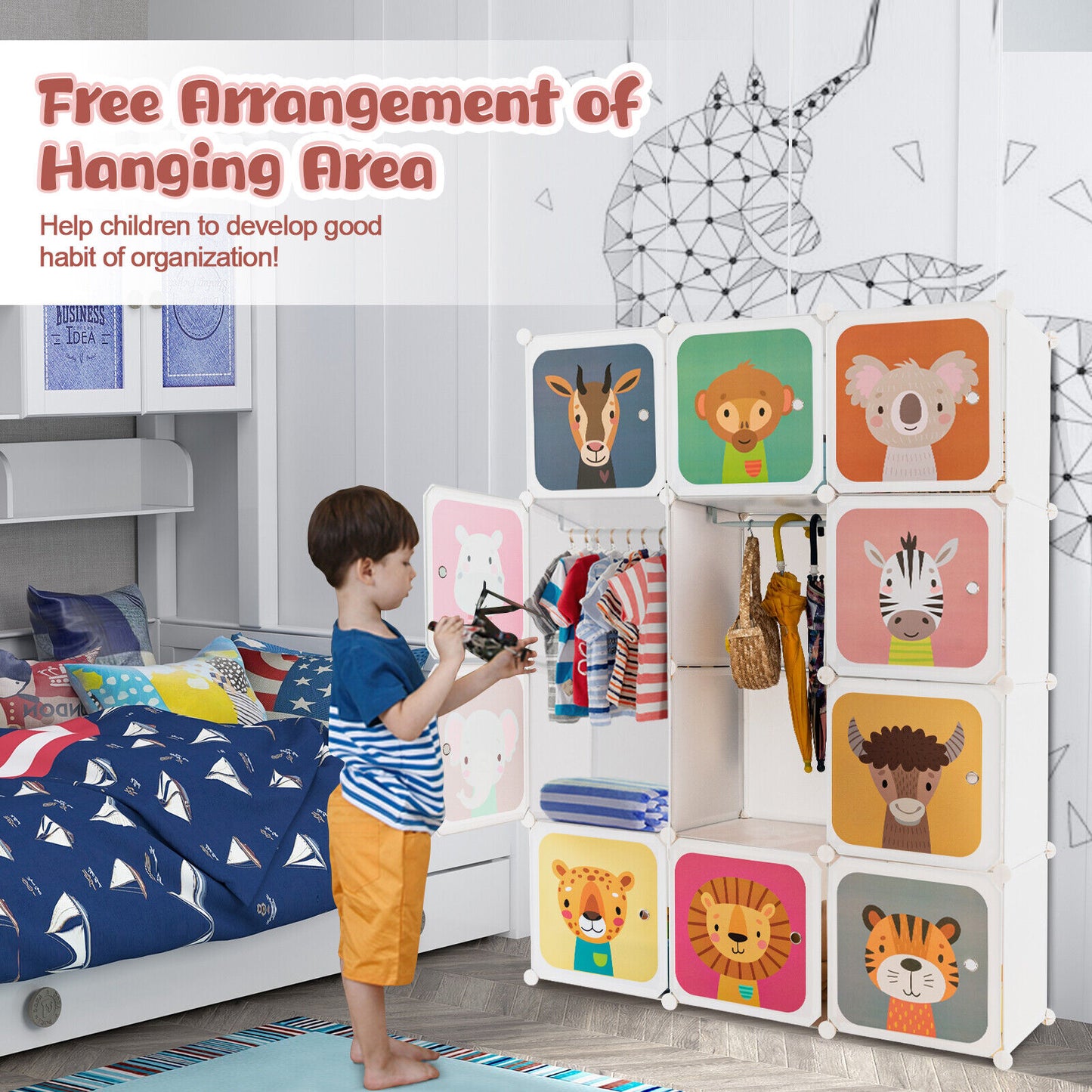 12 Cube Kids Wardrobe Closet with Hanging Section and Doors-White Kids Crystal