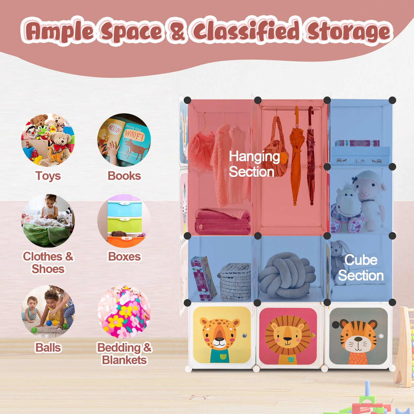 12 Cube Kids Wardrobe Closet with Hanging Section and Doors-White Kids Crystal