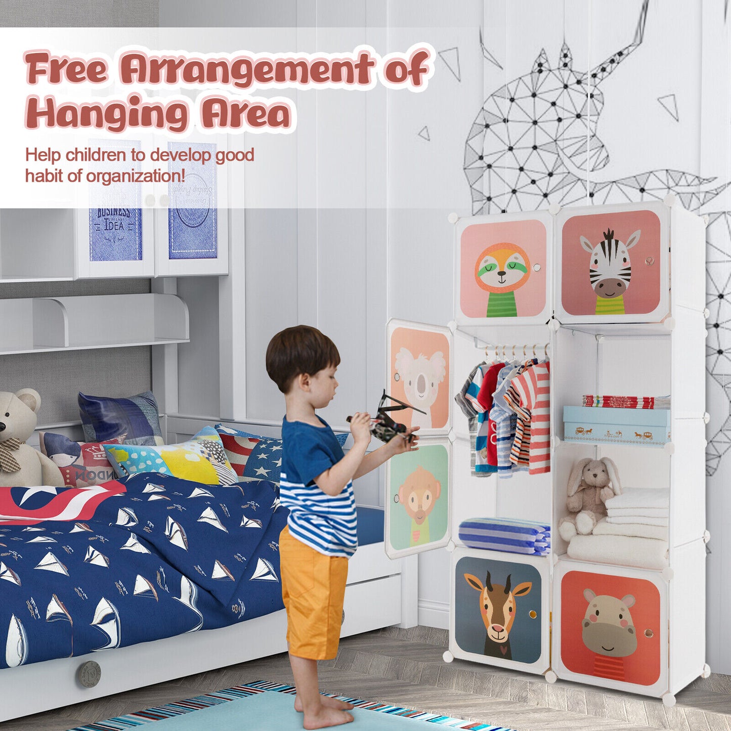 8 Cube Kids Wardrobe Closet with Hanging Section and Doors-8 Cubes Kids Crystal