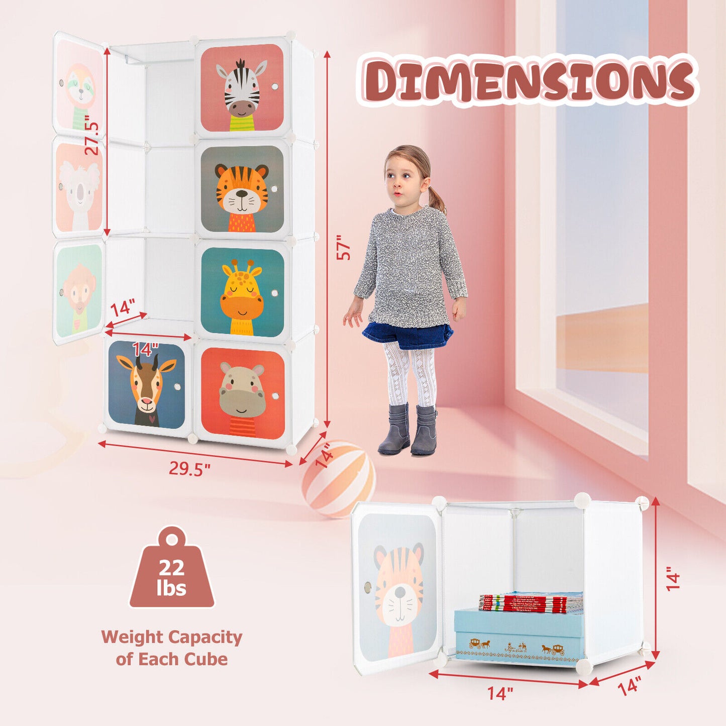 8 Cube Kids Wardrobe Closet with Hanging Section and Doors-8 Cubes Kids Crystal