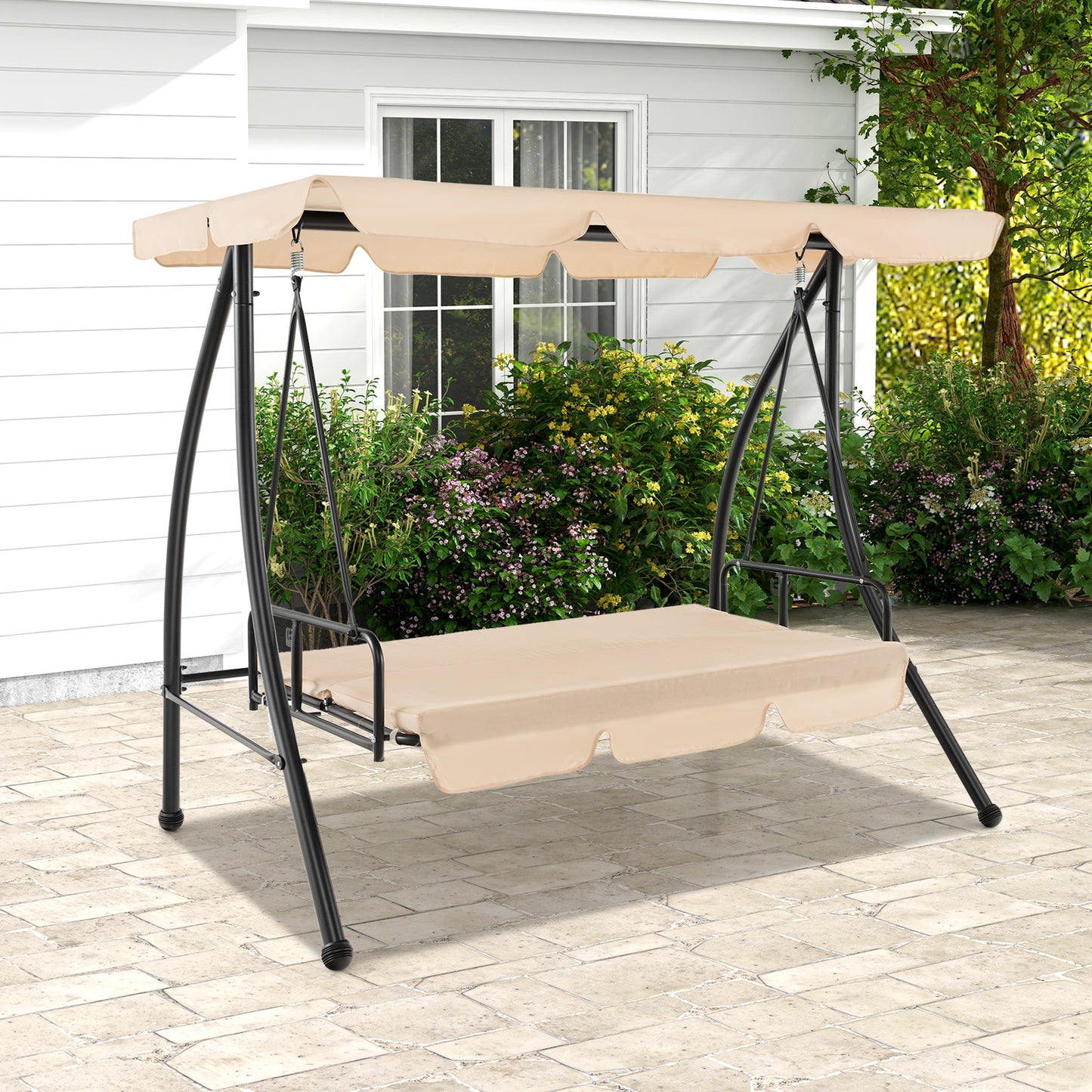 2-Seat Outdoor Convertible Swing Chair with Flat Bed and Adjustable Canopy-Beige Kids Crystal