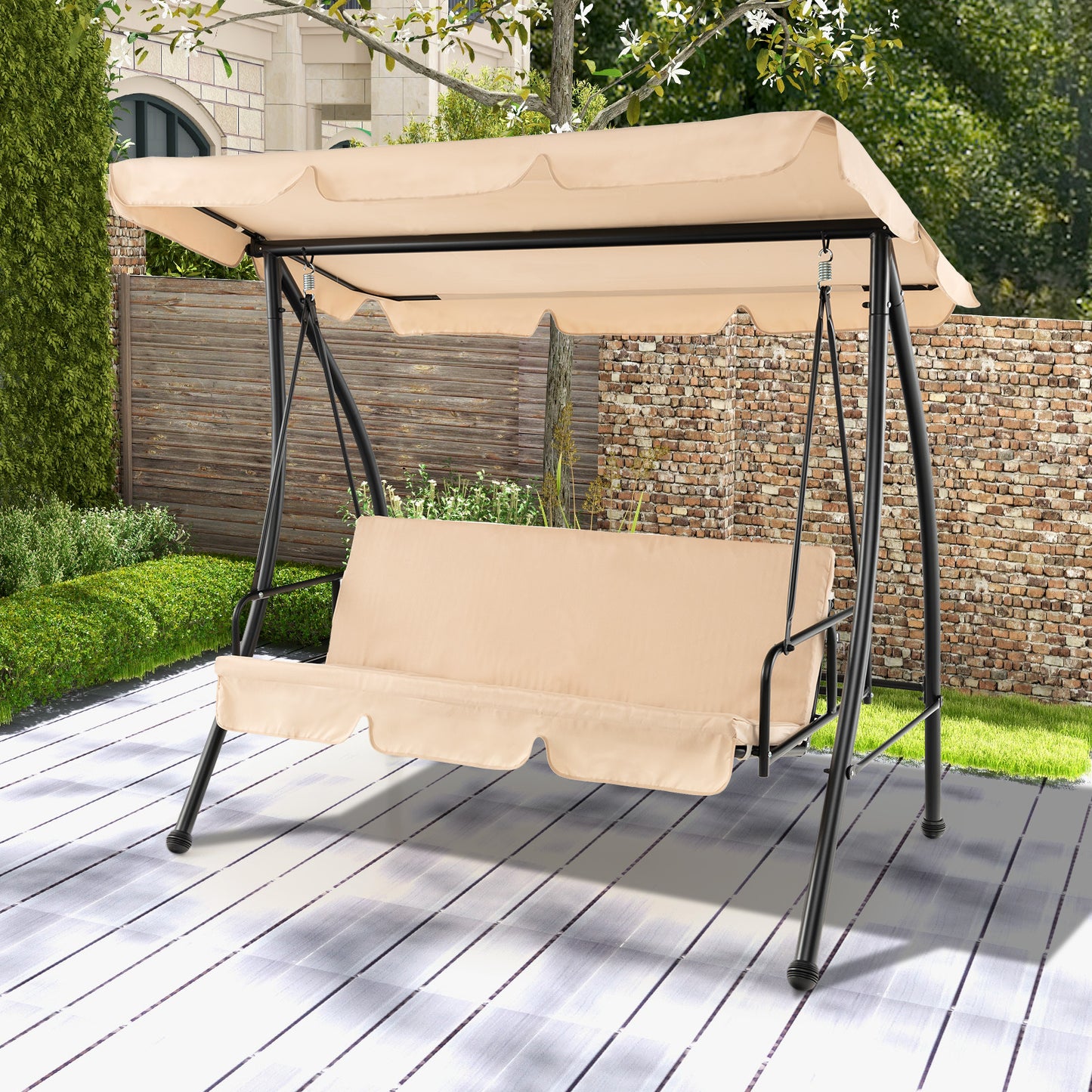 2-Seat Outdoor Convertible Swing Chair with Flat Bed and Adjustable Canopy-Beige Kids Crystal