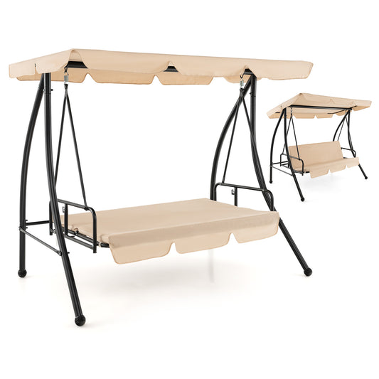 2-Seat Outdoor Convertible Swing Chair with Flat Bed and Adjustable Canopy-Beige Kids Crystal