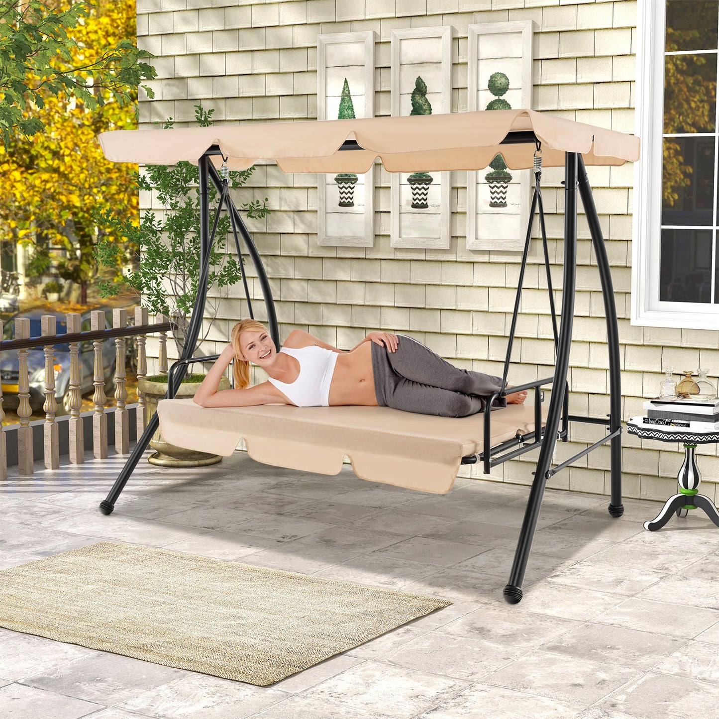 2-Seat Outdoor Convertible Swing Chair with Flat Bed and Adjustable Canopy-Beige Kids Crystal
