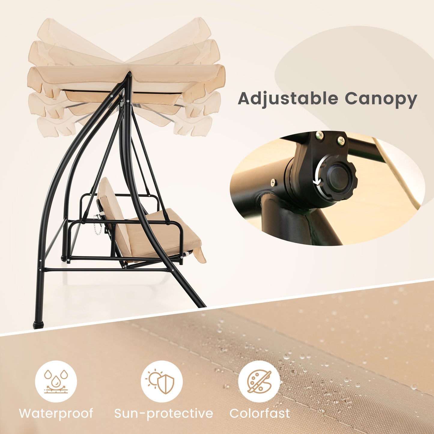 2-Seat Outdoor Convertible Swing Chair with Flat Bed and Adjustable Canopy-Beige Kids Crystal