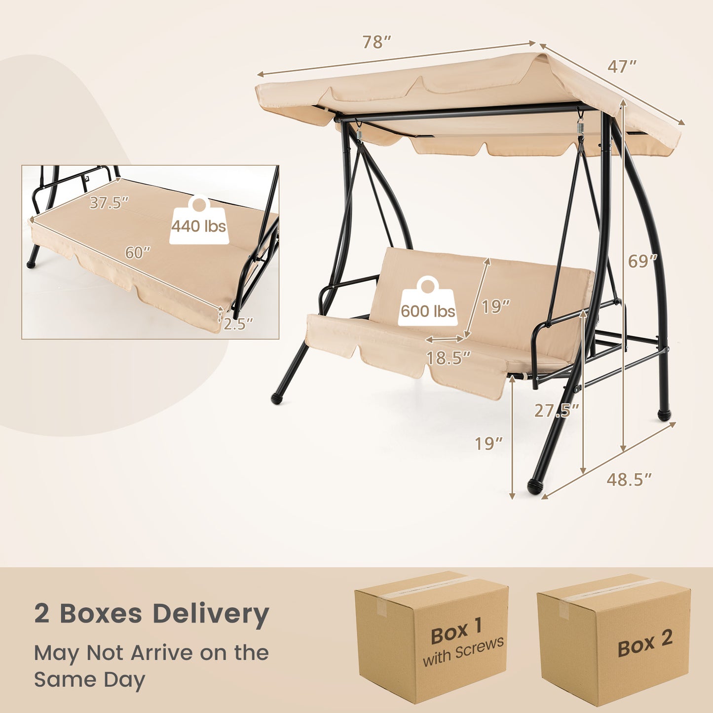 2-Seat Outdoor Convertible Swing Chair with Flat Bed and Adjustable Canopy-Beige Kids Crystal