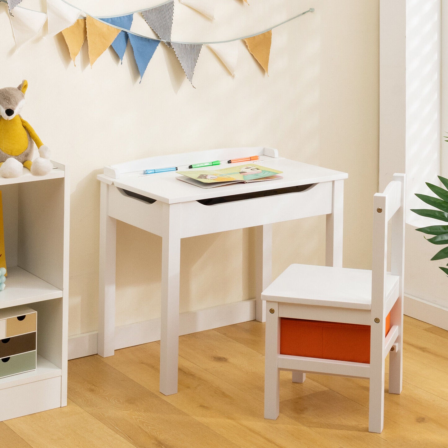 Wood Activity Kids Table and Chair Set with Storage Space-White Kids Crystal