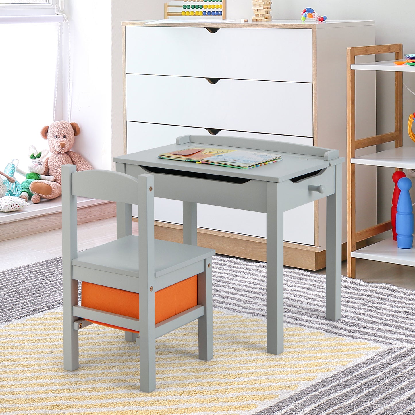 Wood Activity Kids Table and Chair Set with Storage Space-Gray Kids Crystal