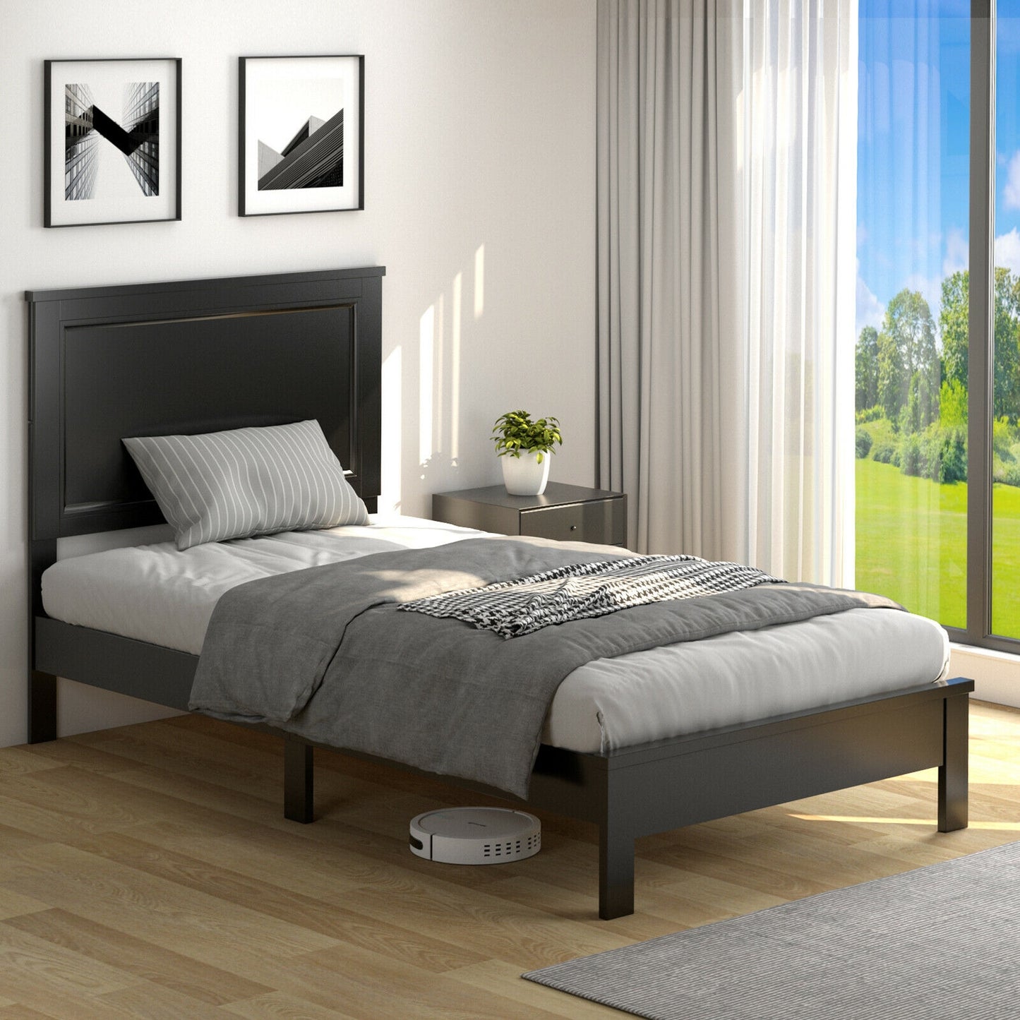 Twin Size Platform Bed Frame with Rubber Wood Leg-Black Kids Crystal