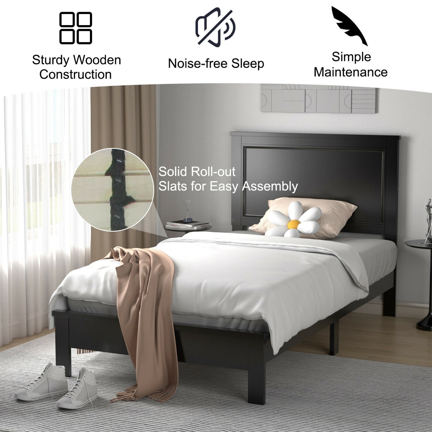 Twin Size Platform Bed Frame with Rubber Wood Leg-Black Kids Crystal