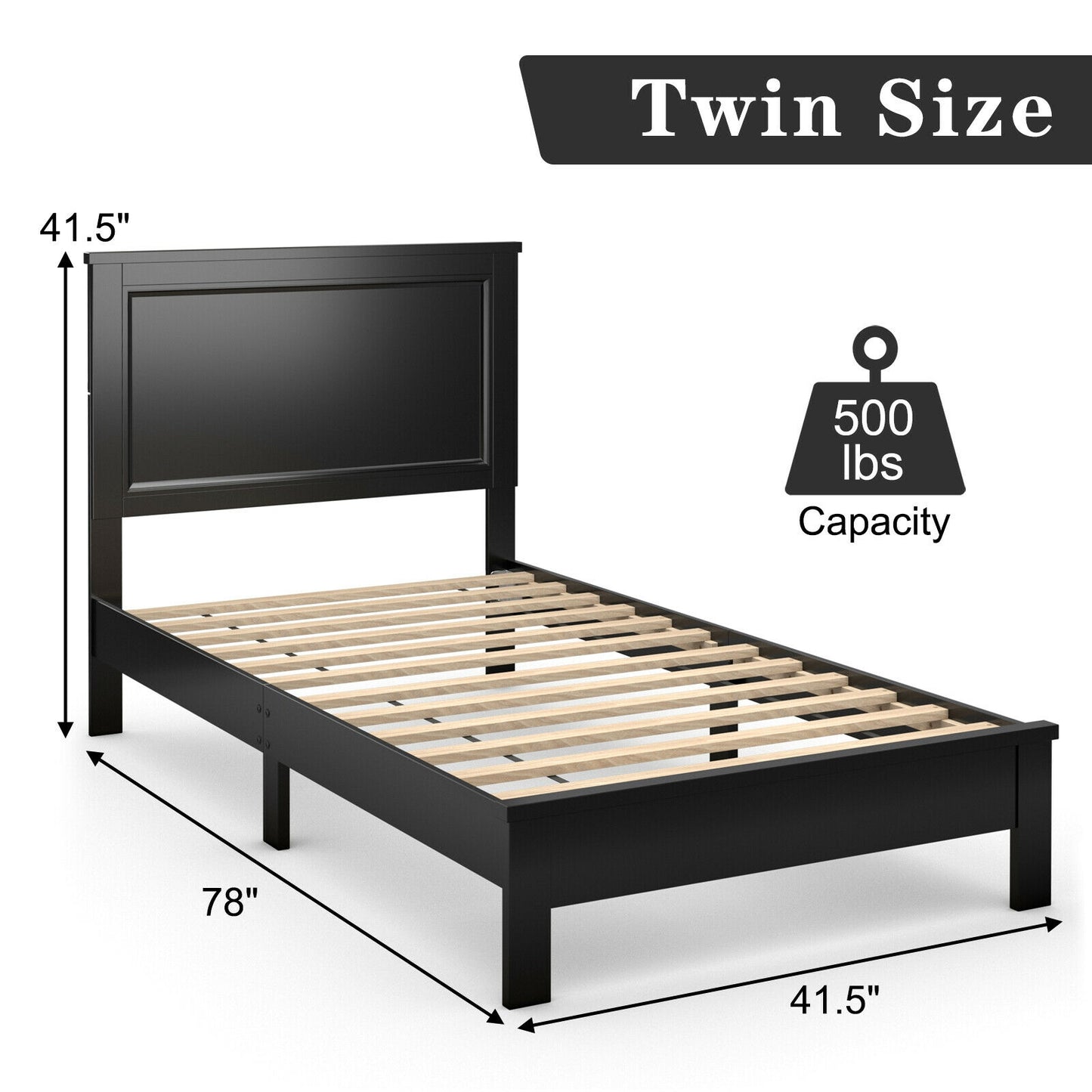 Twin Size Platform Bed Frame with Rubber Wood Leg-Black Kids Crystal