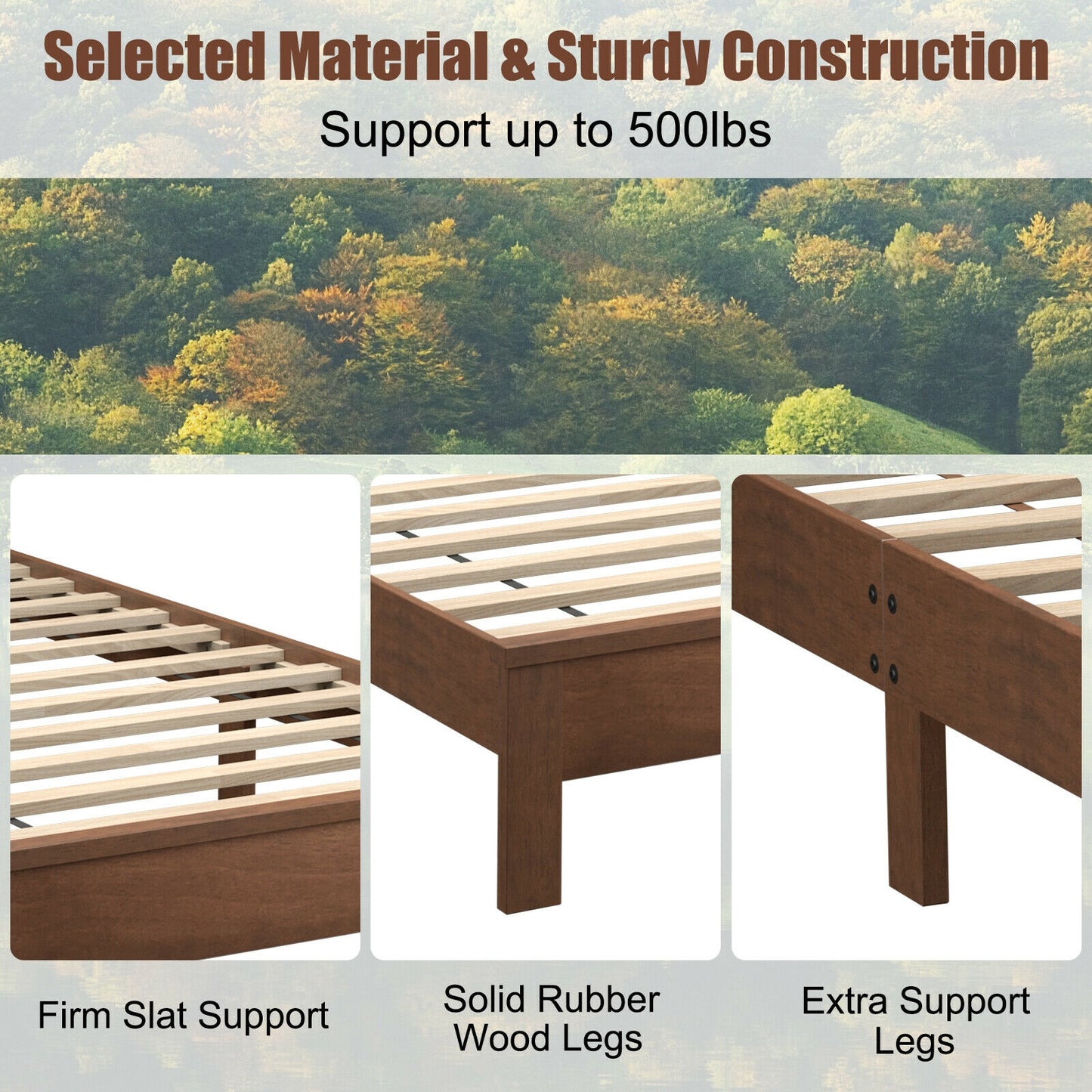 Twin Size Platform Bed Frame with Rubber Wood Leg-Walnut Kids Crystal