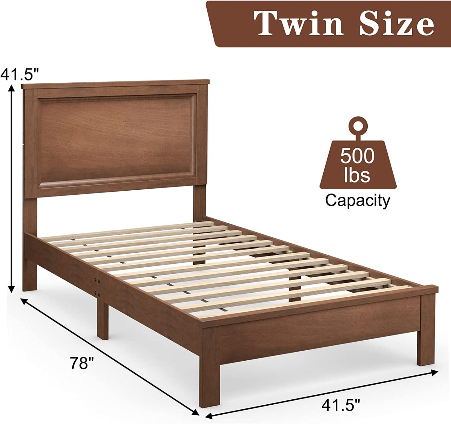 Twin Size Platform Bed Frame with Rubber Wood Leg-Walnut Kids Crystal