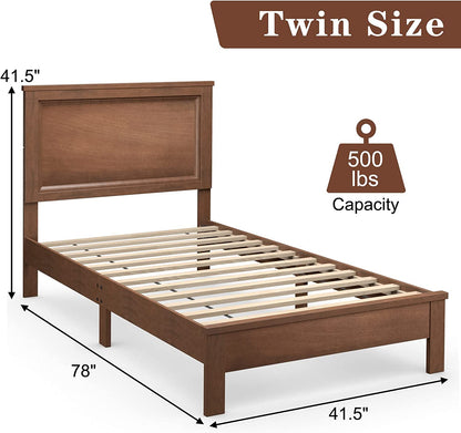 Twin Size Platform Bed Frame with Rubber Wood Leg-Walnut