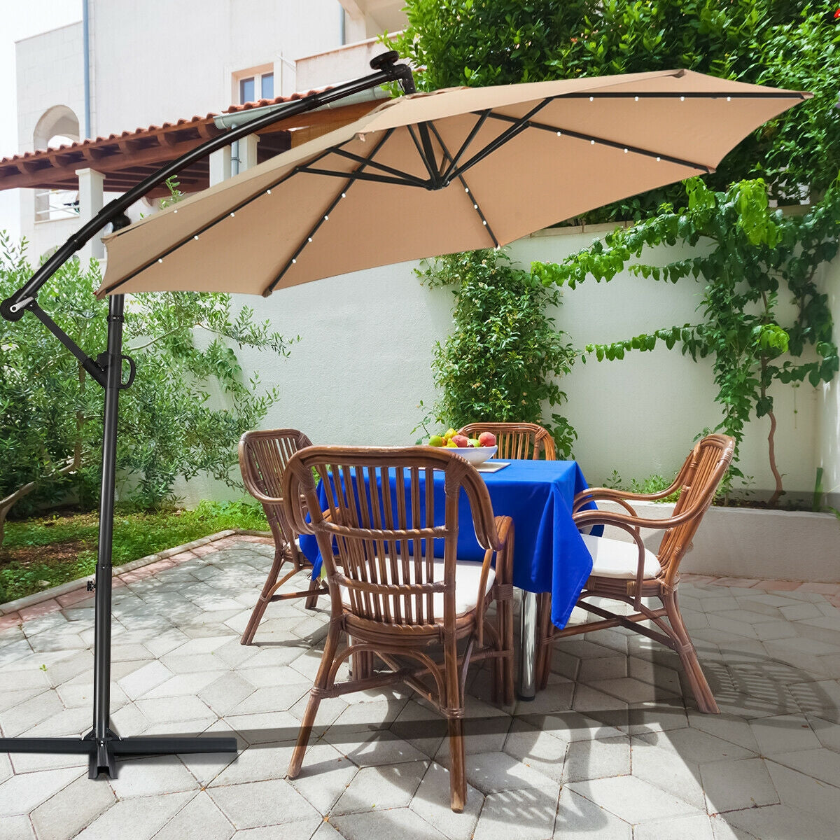 10 ft 360° Rotation Solar Powered LED Patio Offset Umbrella without Weight Base-Beige Kids Crystal