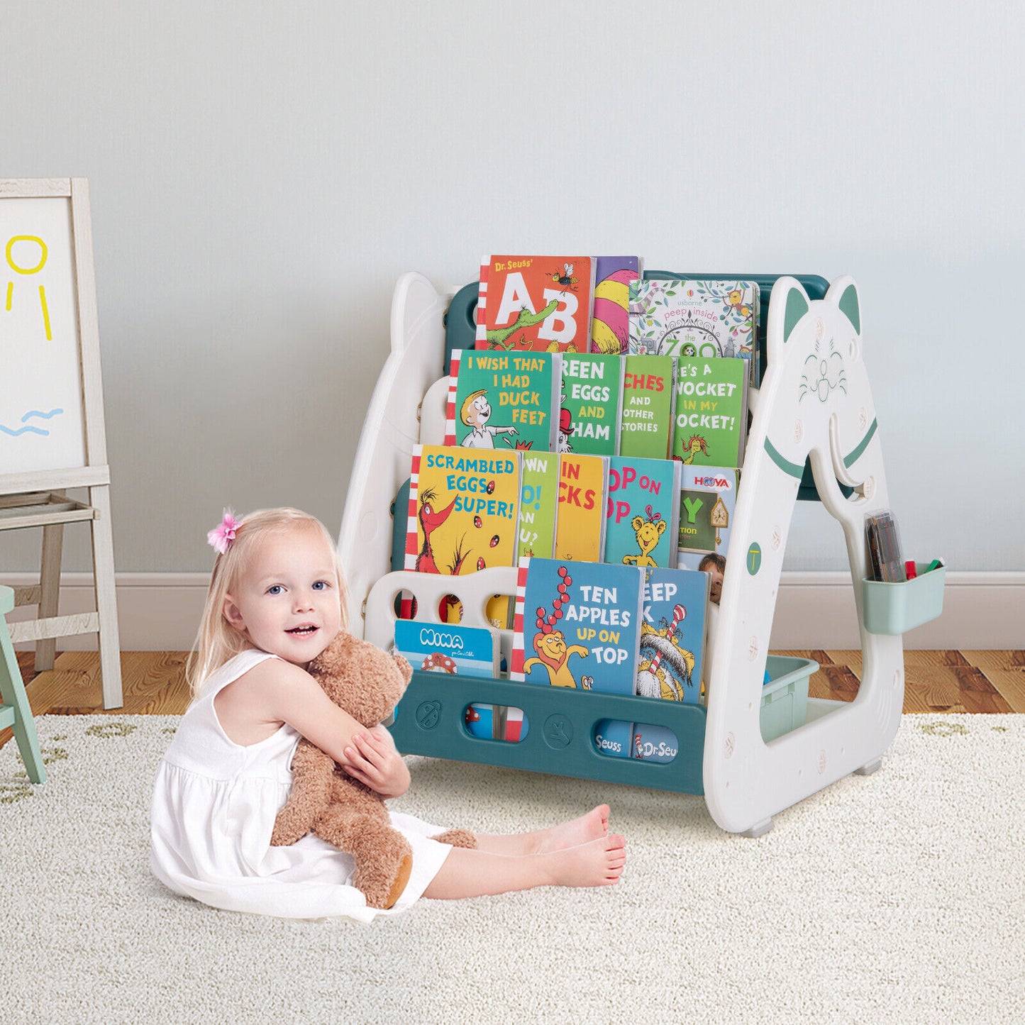 3-In-1 Double Sided Magnetic Dry-Erase Board with Stool and Flipped Writing Desktop-Green Kids Crystal