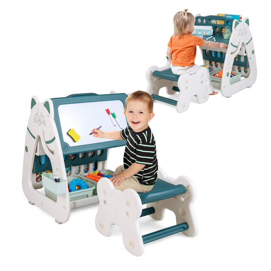 3-In-1 Double Sided Magnetic Dry-Erase Board with Stool and Flipped Writing Desktop-Green Kids Crystal