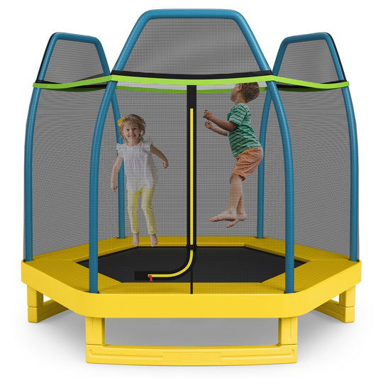 7 ft Kids Trampoline W/ Safety Enclosure Net-Yellow Kids Crystal