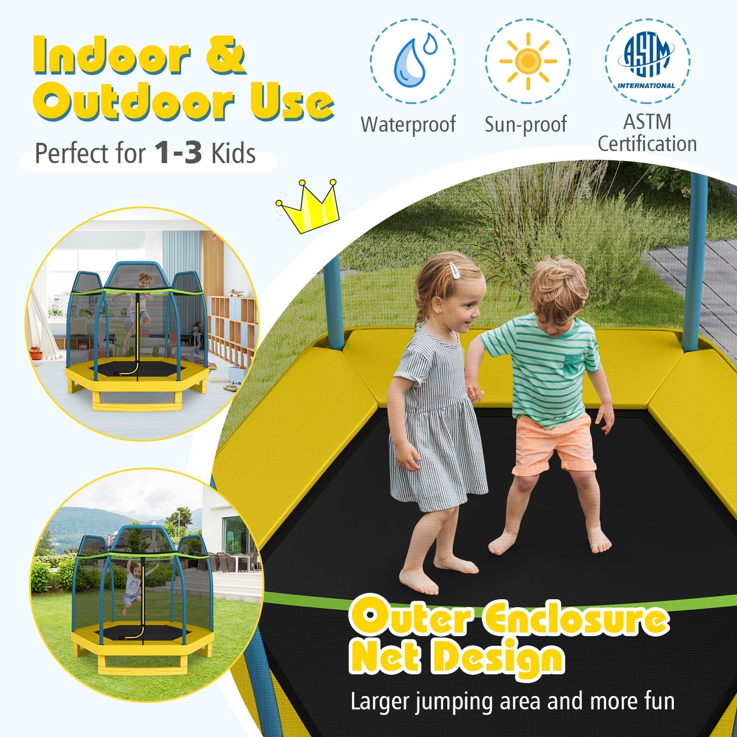 7 ft Kids Trampoline W/ Safety Enclosure Net-Yellow Kids Crystal