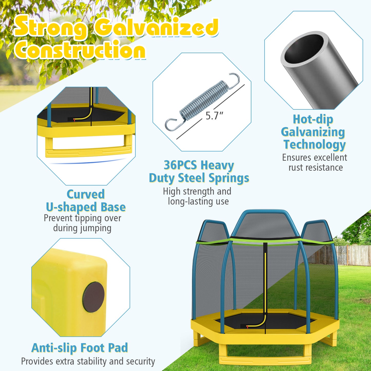 7 ft Kids Trampoline W/ Safety Enclosure Net-Yellow Kids Crystal