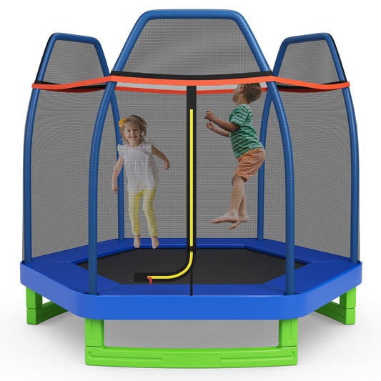 7 Ft Kids Trampoline W/ Safety Enclosure Net-Blue Kids Crystal