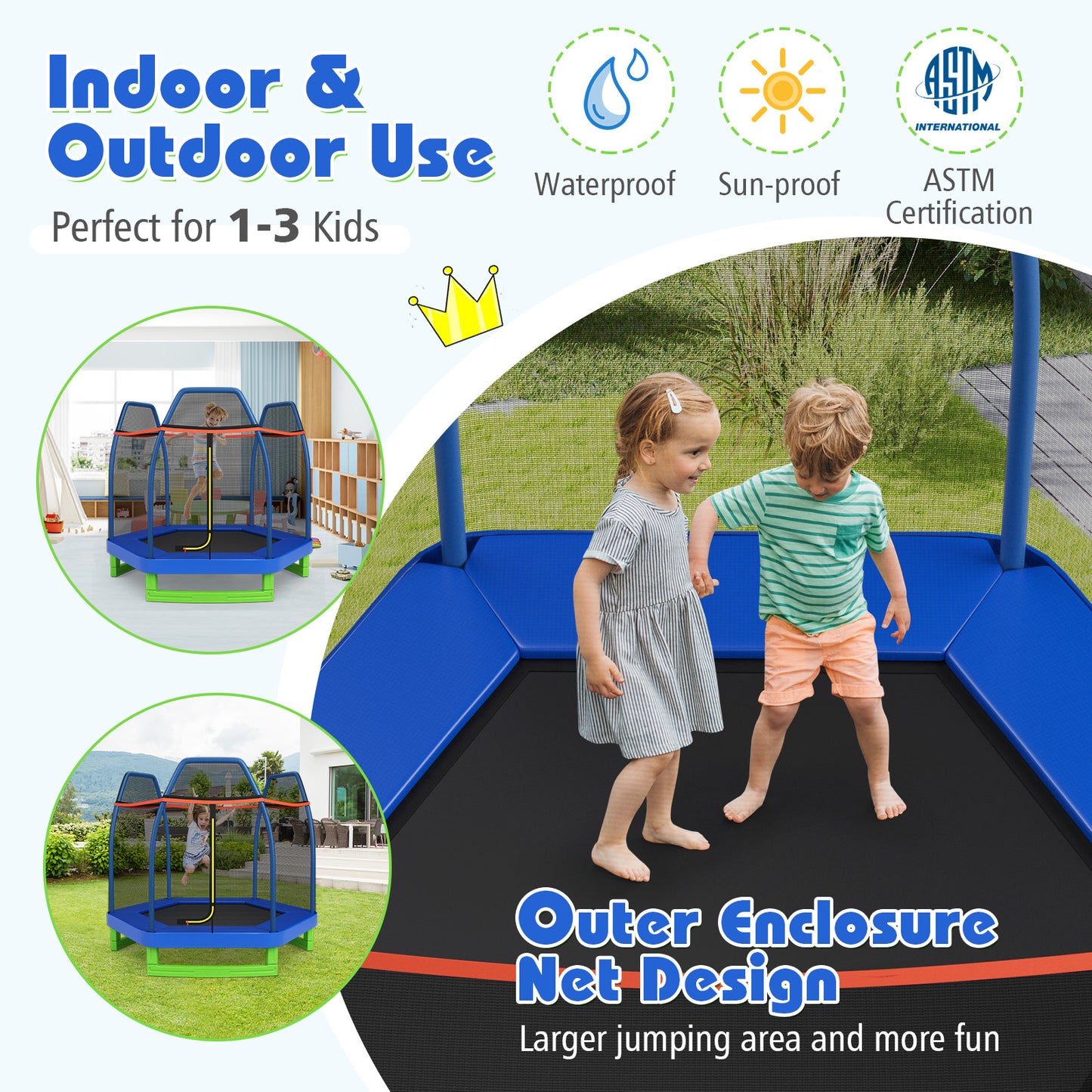 7 Ft Kids Trampoline W/ Safety Enclosure Net-Blue Kids Crystal