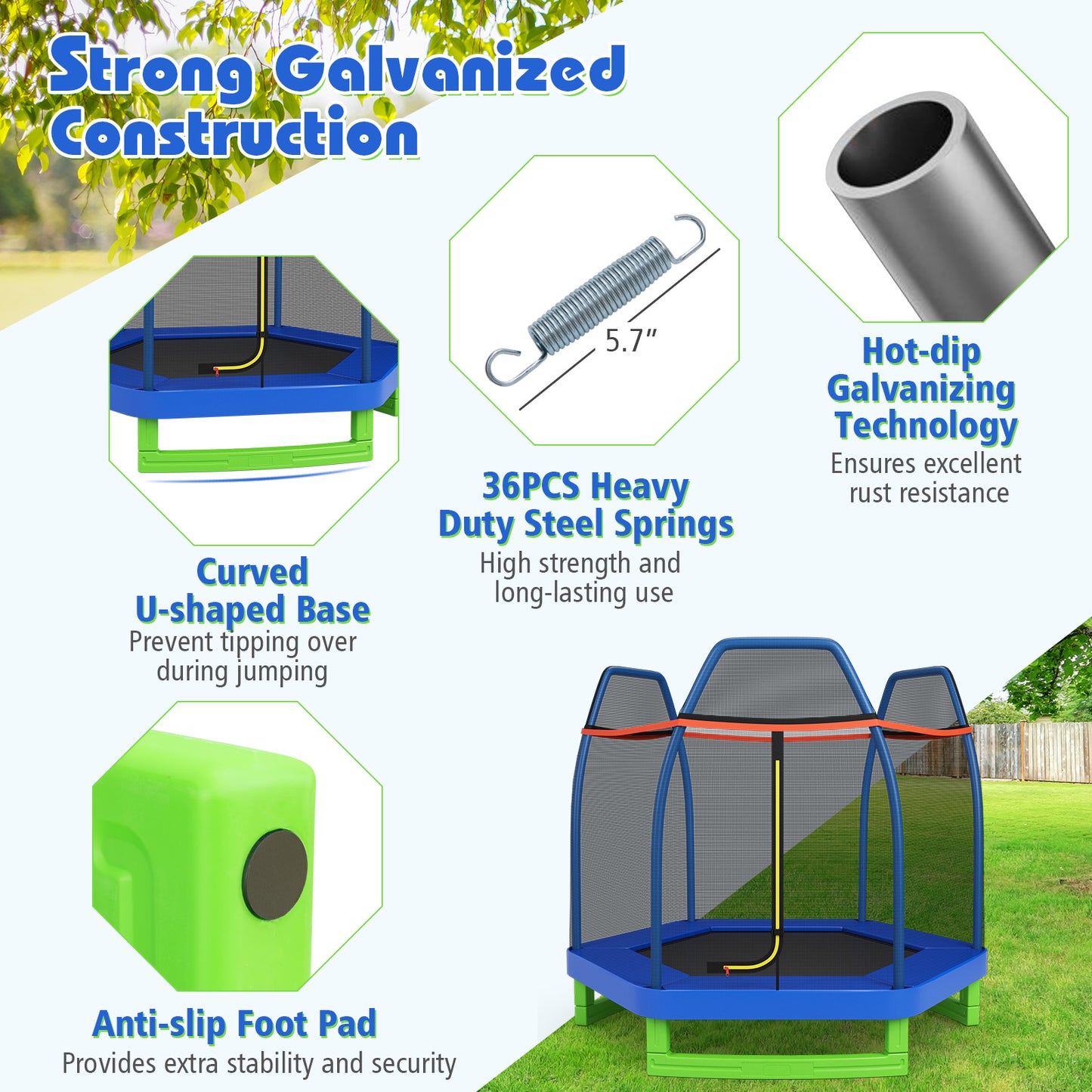 7 Ft Kids Trampoline W/ Safety Enclosure Net-Blue Kids Crystal