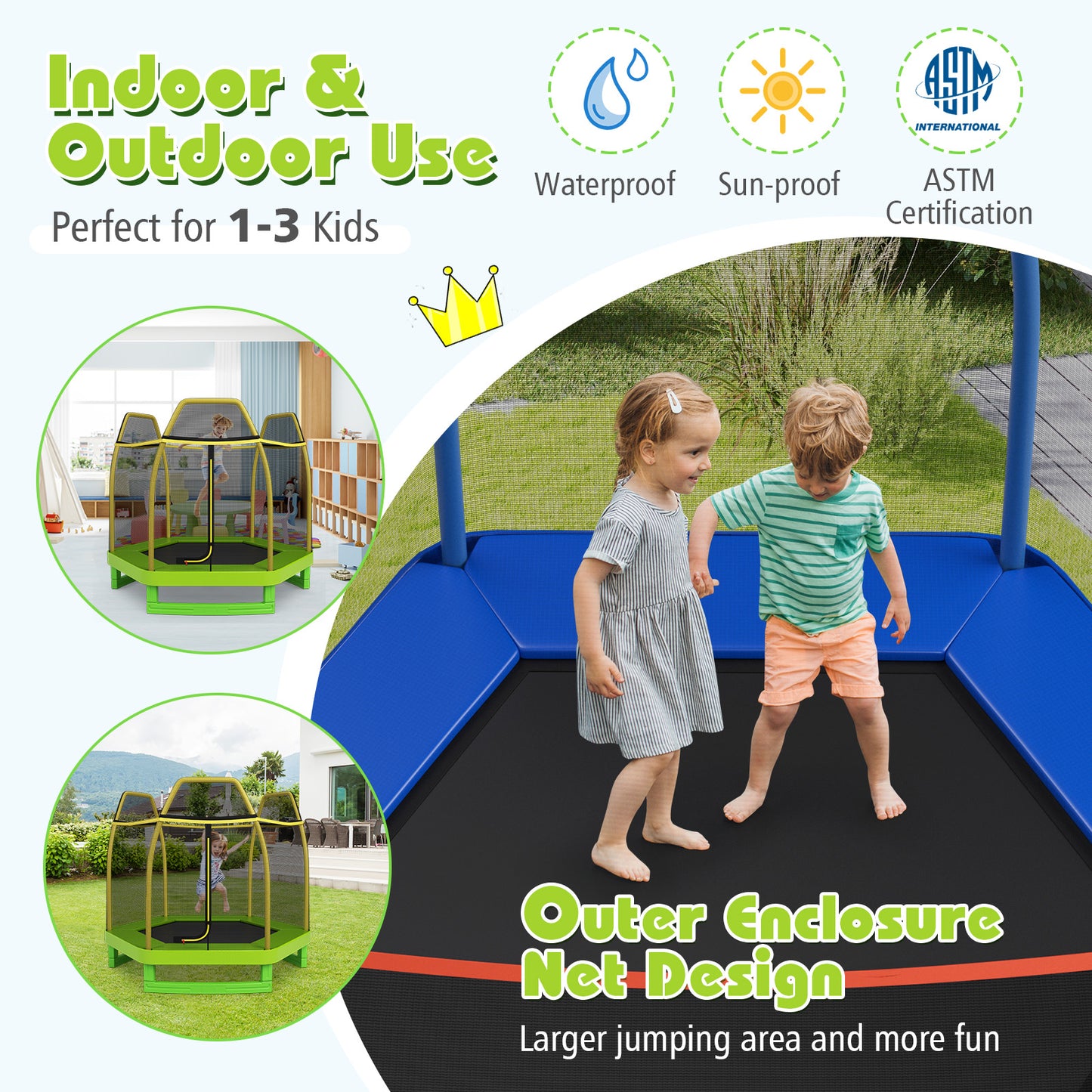 7FT Kids Trampoline with Safety Enclosure Net-Green Kids Crystal