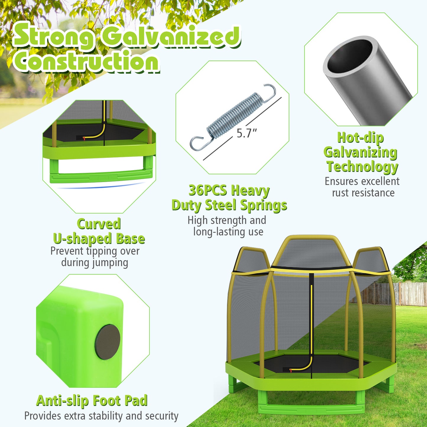 7FT Kids Trampoline with Safety Enclosure Net-Green Kids Crystal